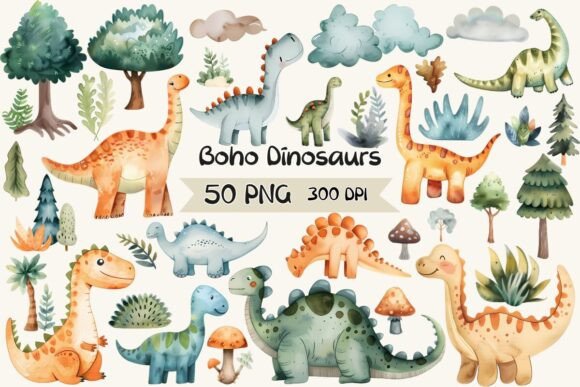 Boho Watercolor Dinosaurs Clipart for Graphics and Illustrations