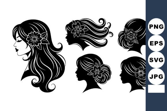 Female Silhouettes Floral Hair Vector for Graphics and Crafts