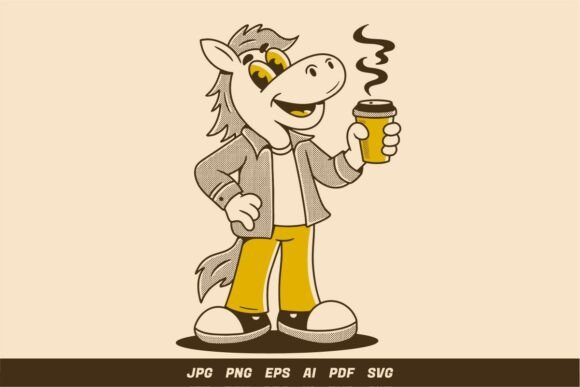 Funny Horse Character Drinking Coffee Graphics & Illustrations