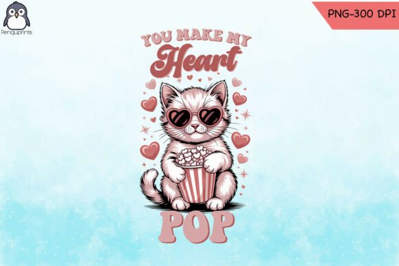 Funny Valentine Cat Heart Popcorn PNG Graphics for Crafts
