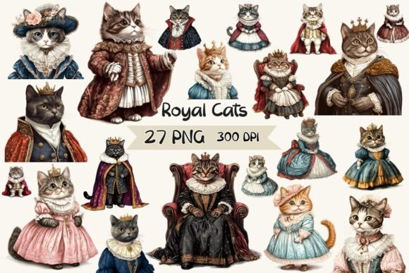Vintage Renaissance Royal Cats Clipart for Graphics and Illustrations